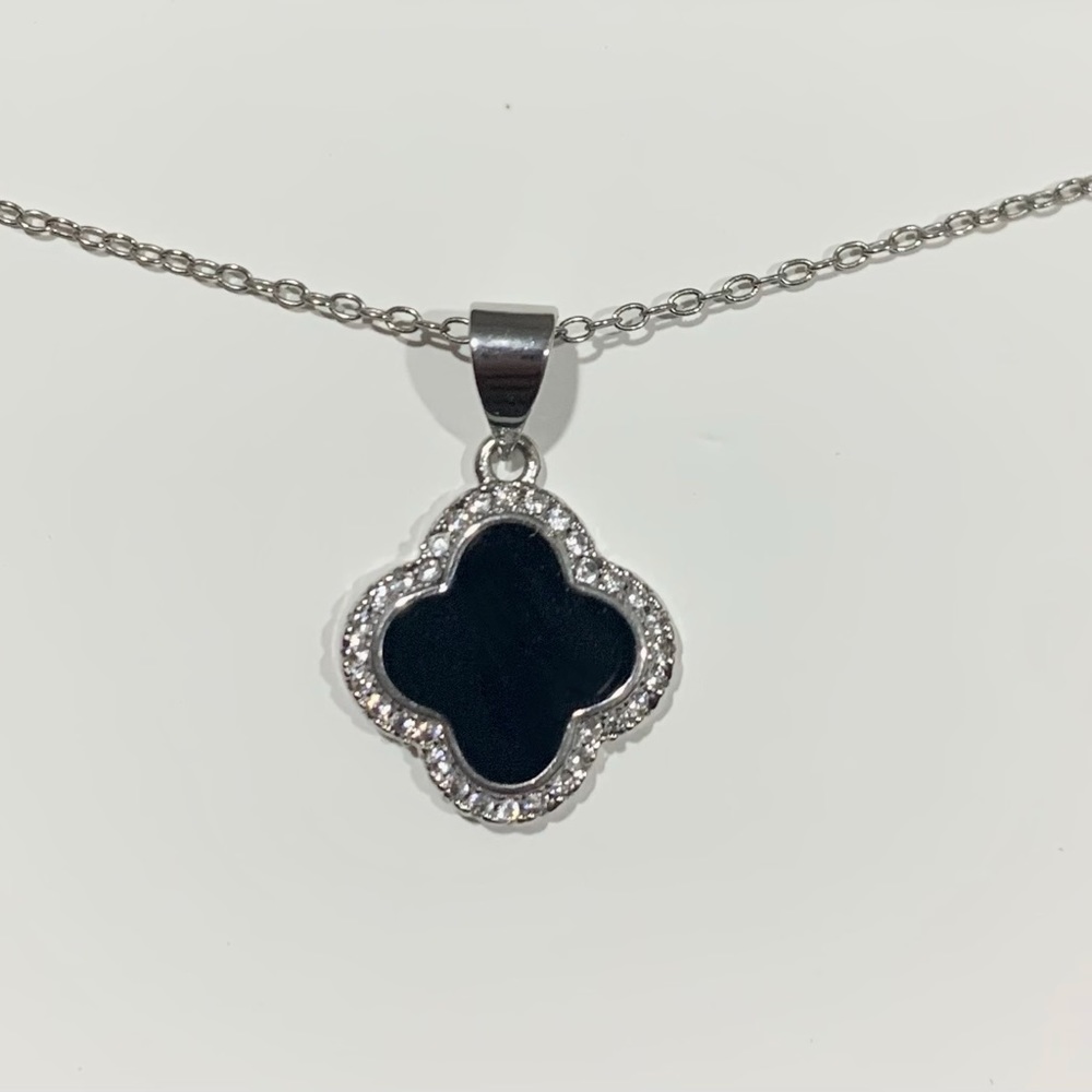 Rachel Zoe Sterling Silver CZ Black Onyx Clover Necklace